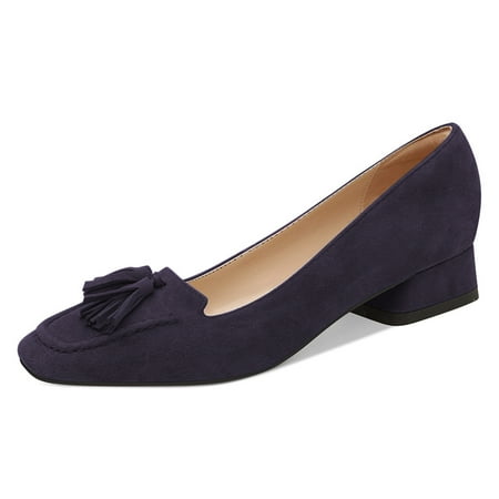 YDN Women Fashion Block Low Heel Loafers Slip On Square Toe Tassel Fringed Pumps Dressy Party Office Daily Shoes Size 8.5 Dark Purple