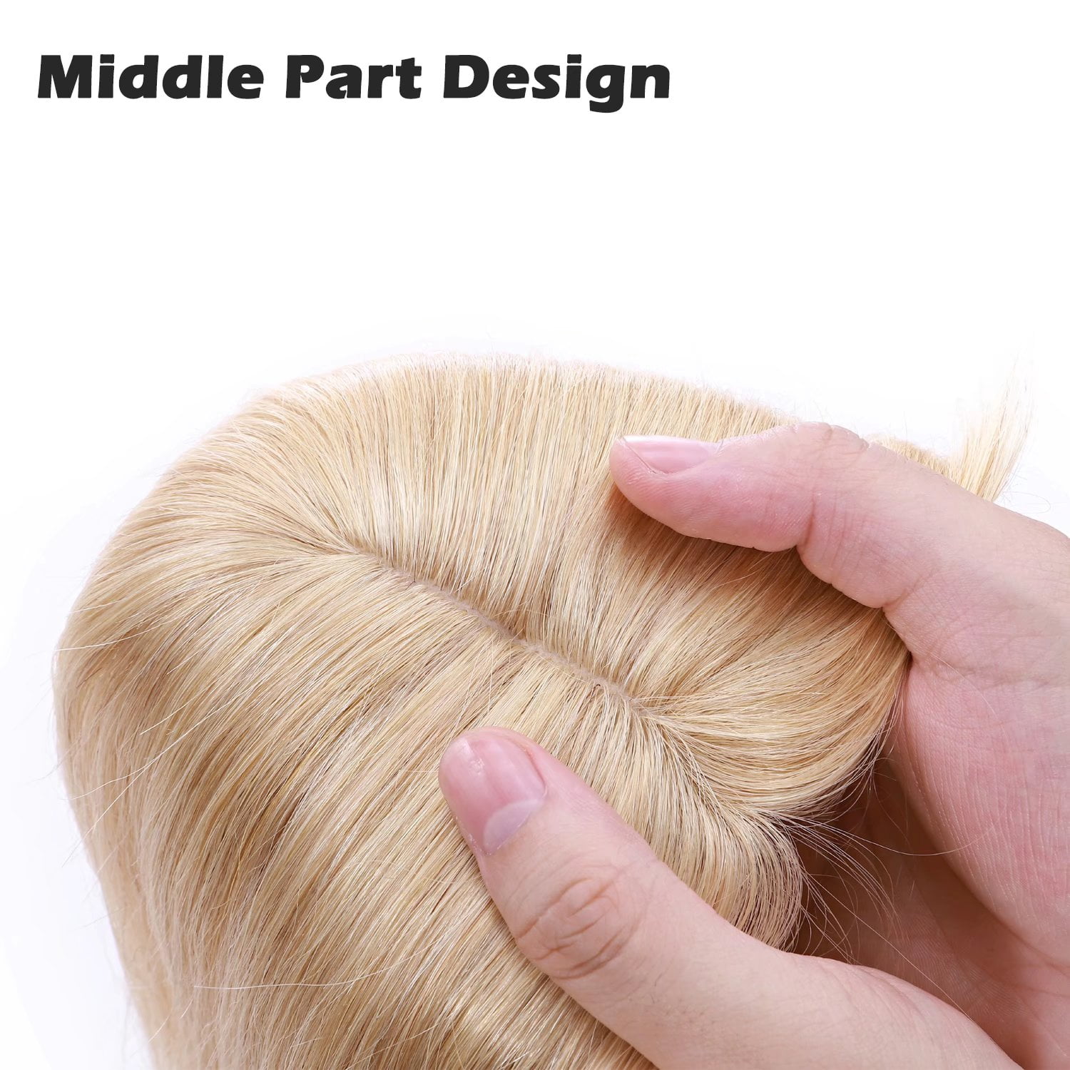 Benehair Clip In Remy Human Hair Extensions Silk Base Topper Hairpiece With Bangs Toupee Wig for Women Hair Loss 4 clips Blonde
