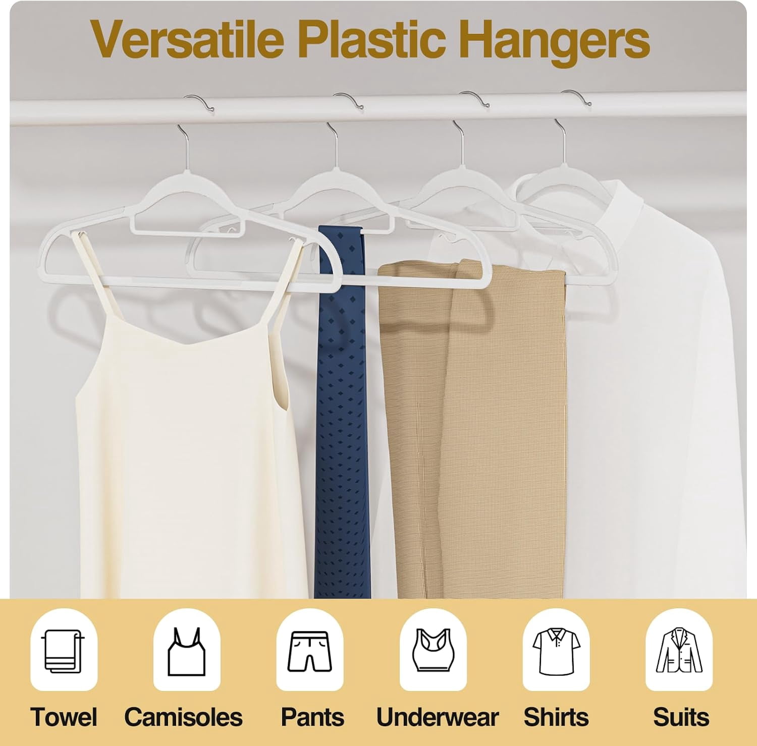 UEAKPIC Plastic Hangers 50 Pack, Heavy Duty Clothes Hangers with 360° Swivel Hook, Non-Slip, Space-Saving, White