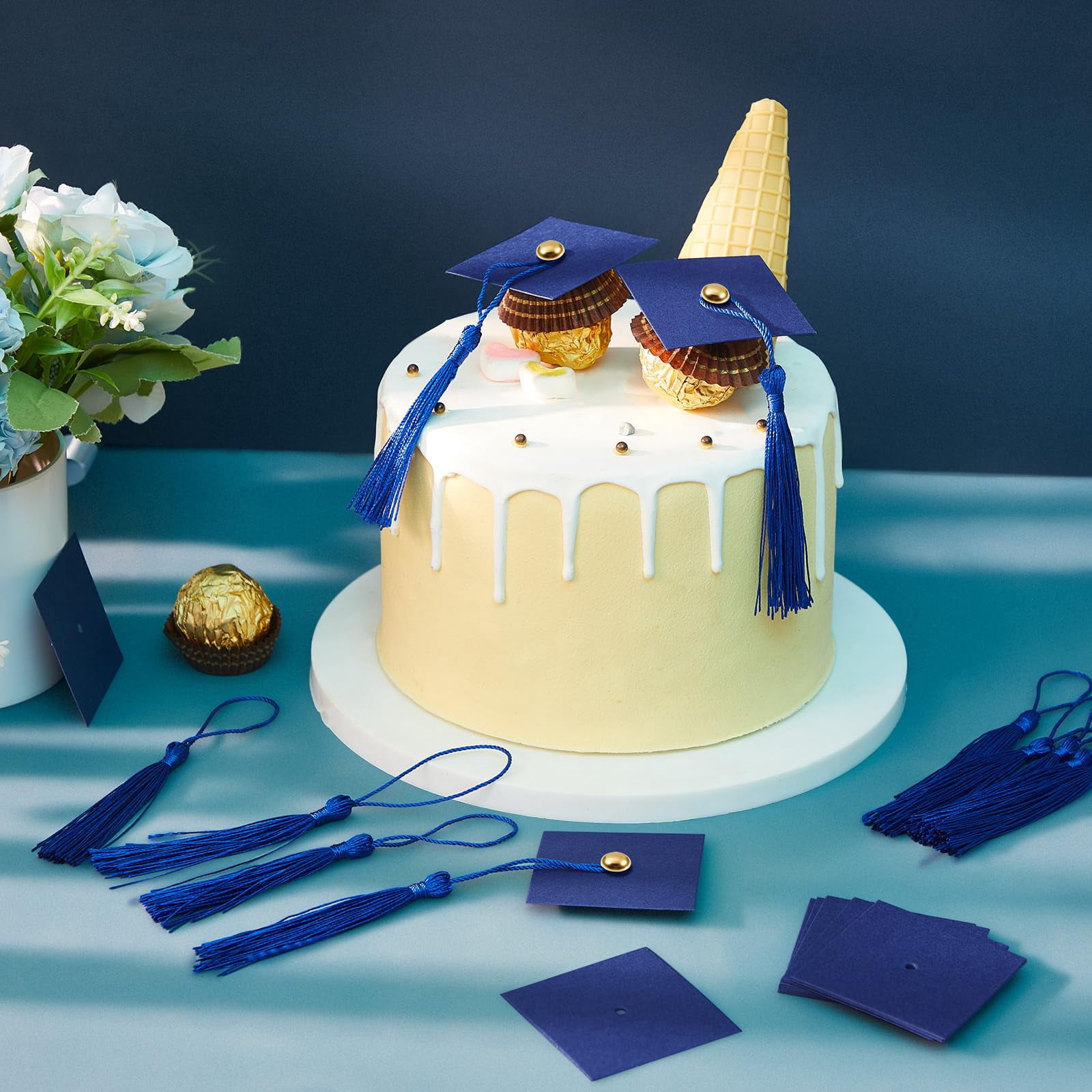 50 Dark Blue Graduation Cap Cupcake Toppers Mini Chocolate Decor for 2026 Theme Parties