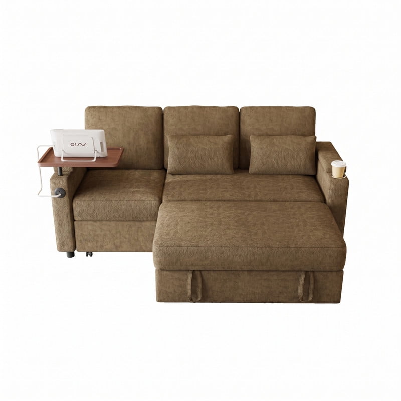 3-in-1 Convertible Sofa Bed, 3-Seater Chenille Couch with Adjustable Backrest, USB Charging Ports, Table Board and Storage Armrests, 81'' Foldable Sleeper Sofa for Living Room