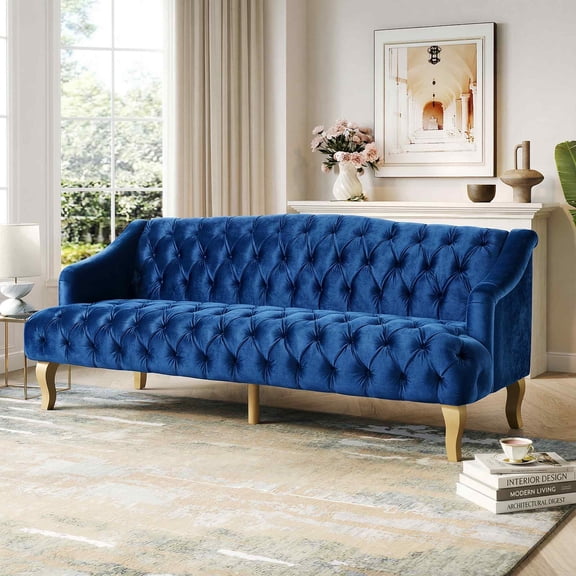 FFH 73" Velvet Lounge Sofa, 3 Seater Couch with Curved Wooden Legs for Living Room, Dark Blue