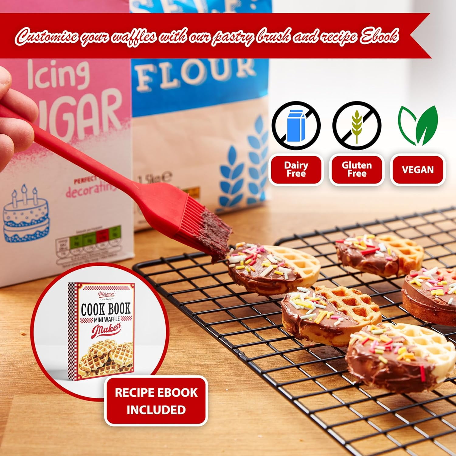 Waffle Maker for Kids, Small Non-Stick Electric Iron Makes 8  Waffles with Recipe Book