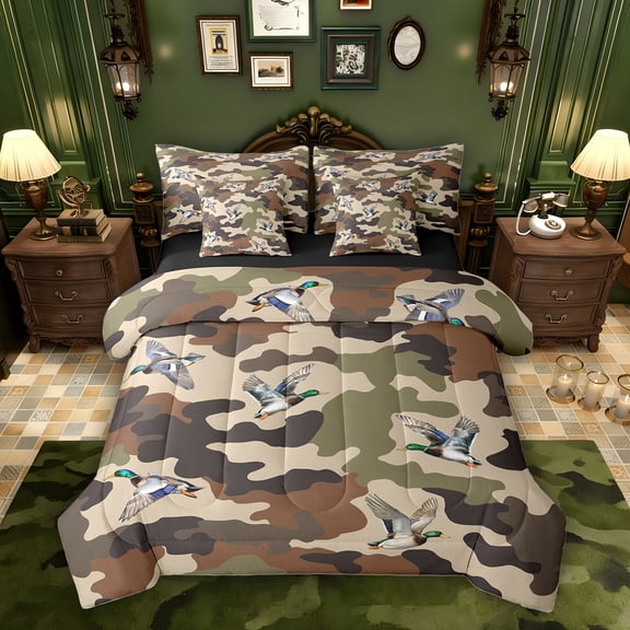 Erosebridal Wild Mallard Duck Twin Bedding Sets, Rustic Green Brown Camo Bedding Comforter Set, Black Reversible, 7-Piece