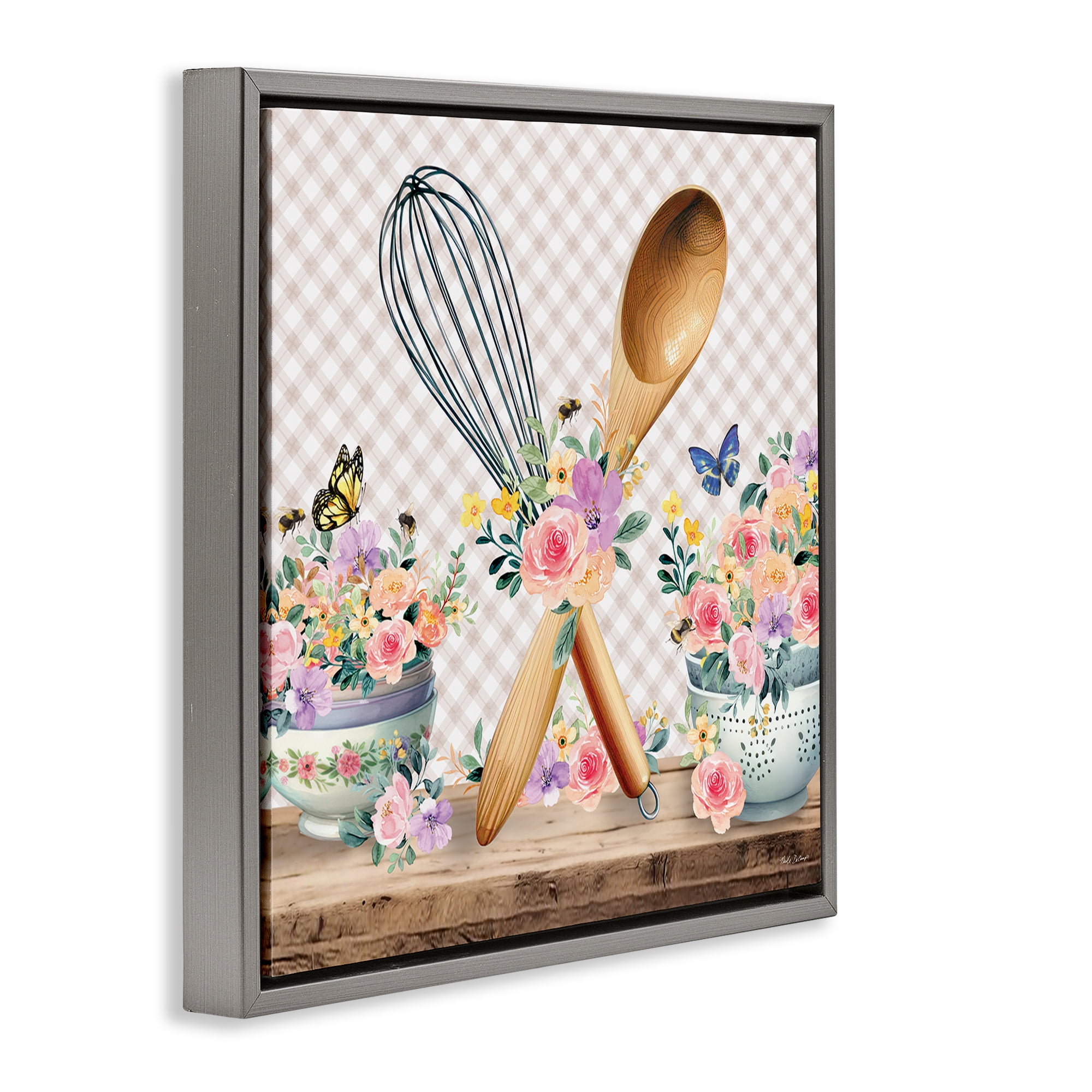 Stupell Industries Crossed Utensils on Gingham Food & Beverage Painting Gray Floater Framed Canvas Art Print Wall Art, 25 x 25