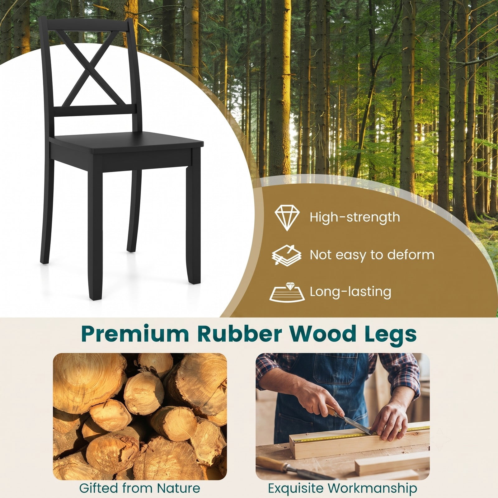 Furnibear Wood Dining Chair Set of 2, Farmhouse Kitchen Side Chairs with Rubber Wood Legs, Curved Cross Back and Non-Slip Foot Pads for Dining Room, Black