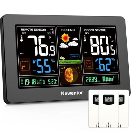 Newentor 7.5 Color Display Weather Station for Home with 3 Outdoor Sensor, Indoor Outdoor Thermometer with Humidity Monitor, WWVB, Alarm Clock, Moon Phase, Weather Forecast, Black