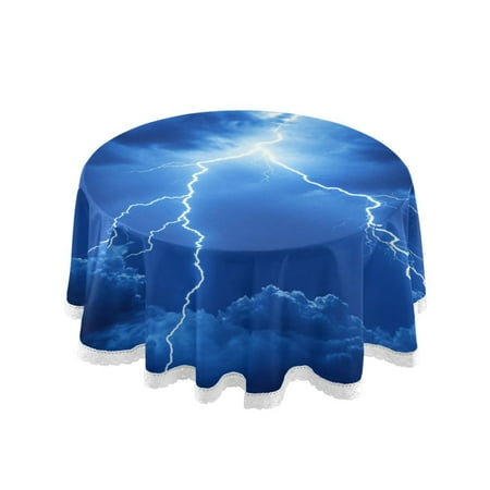 

60 Round Tablecloth with White Lace Trim Wrinkle & Heat-Resistant Table Cover for Dining and Home Decor Blue Tone Lightning