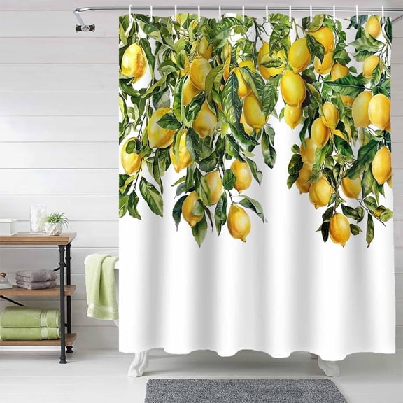 Lemon Tree Summer Shower Curtain, Yellow Green Shower Curtain Set with Hooks, Spring Summer Waterproof Fabric Shower Curtains for Bathroom Decor, 72x72 Inch Bath Curtain