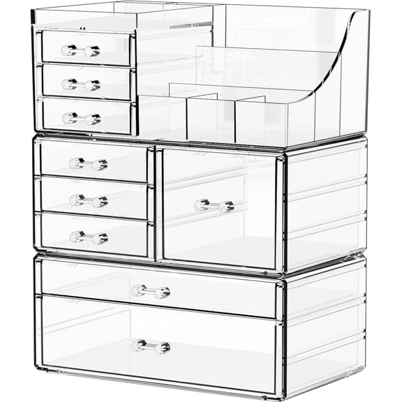 3 Pack Clear Makeup Organizer Countertop for Dresser,Vanity and Bathroom Counter Organizer,Tiered Stackable Makeup Acrylic Organizers with 9 Drawer for Skincare,Brush and Make up Holders