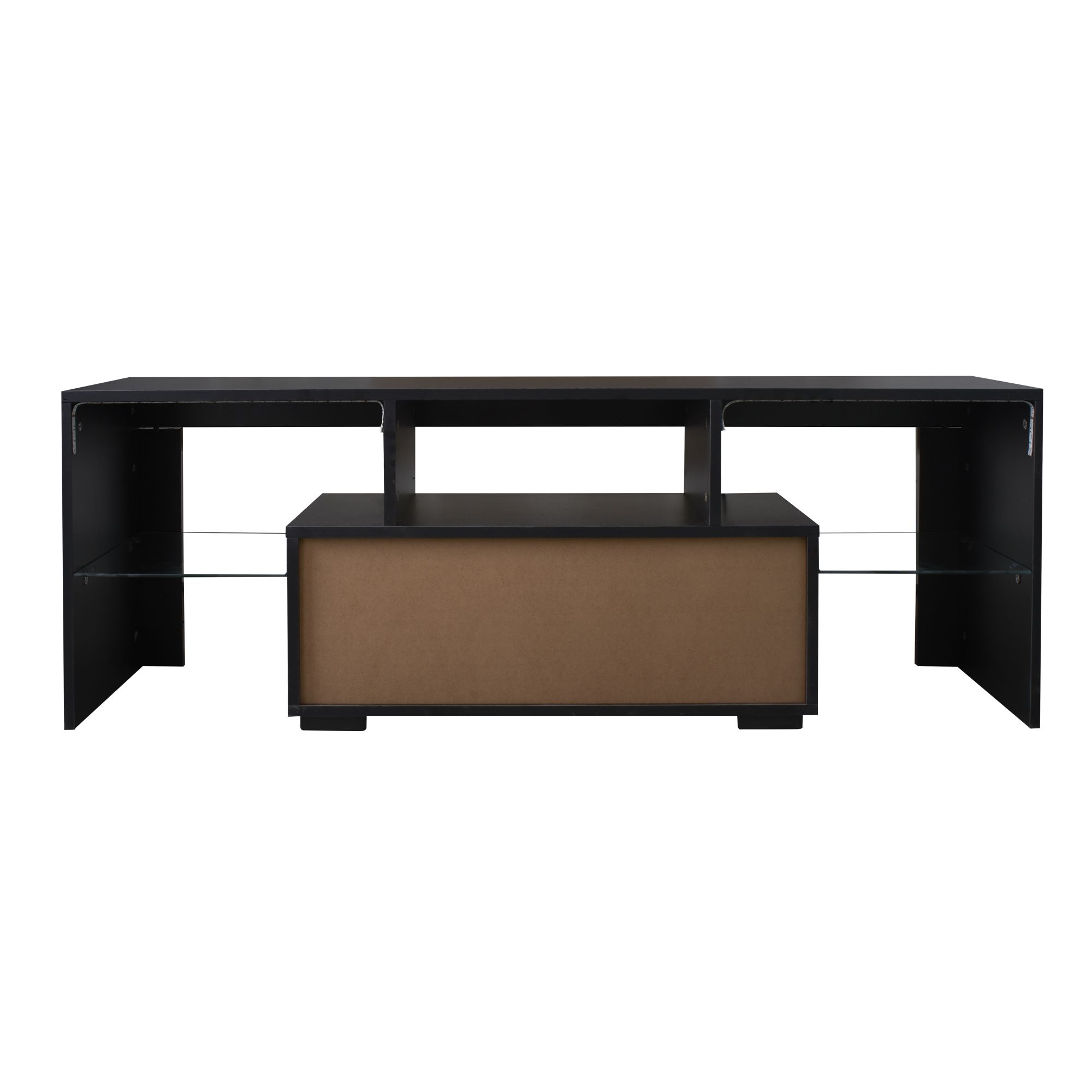 DEALTOPS Modern Simple TV Stand with LED RGB Lights and Open Glass Shelves, Stylish TV Cabinet with 1 Storage Drawer for TVs up to 55'' - Black
