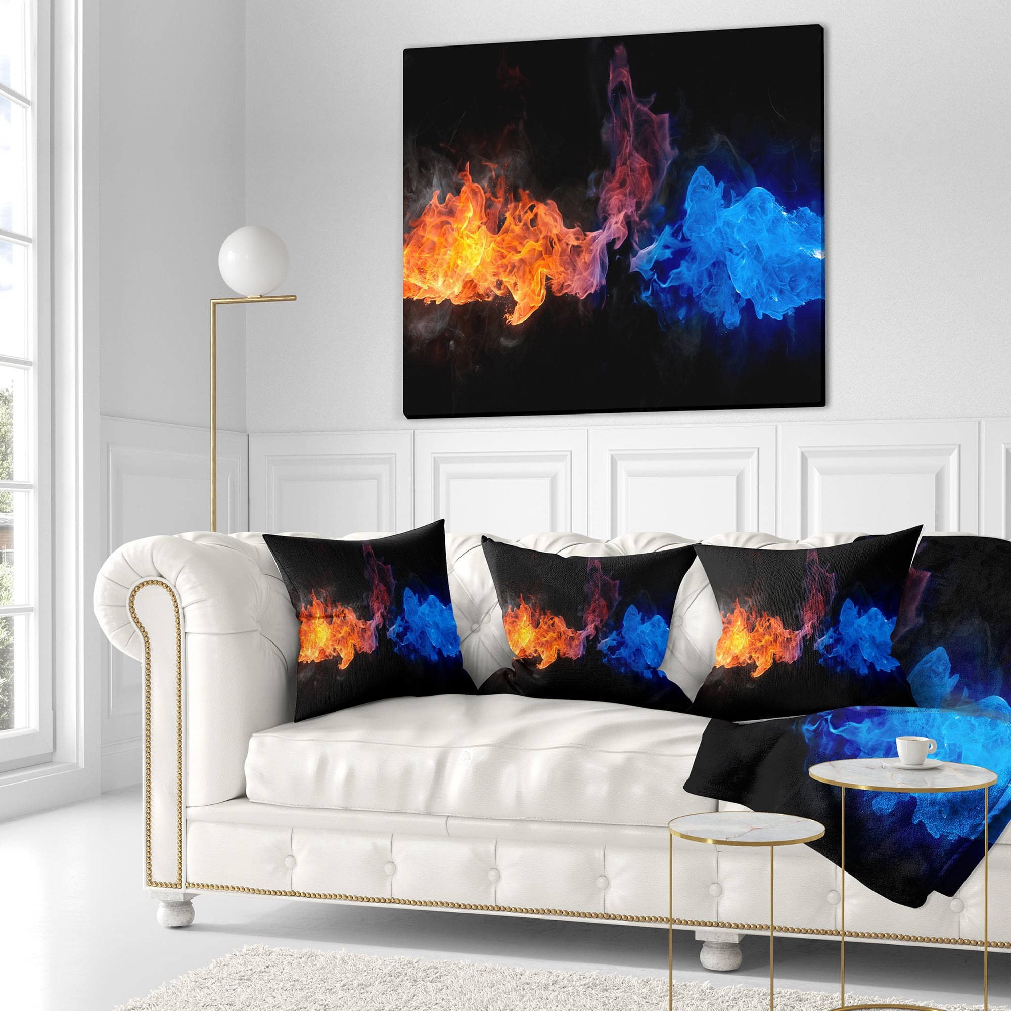 Designart Blue and Red Fire - Contemporary Throw Pillow - 16x16