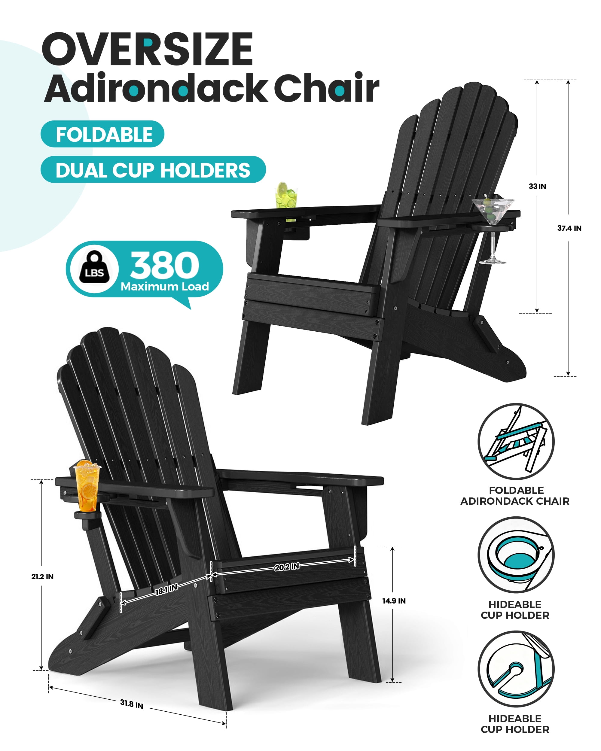 Cobiod Folding Adirondack Chairs Set of 4 with Double Cup Holders, HDPE All-Weather Patio Chair for Fire Pit, Pool & Garden, Black