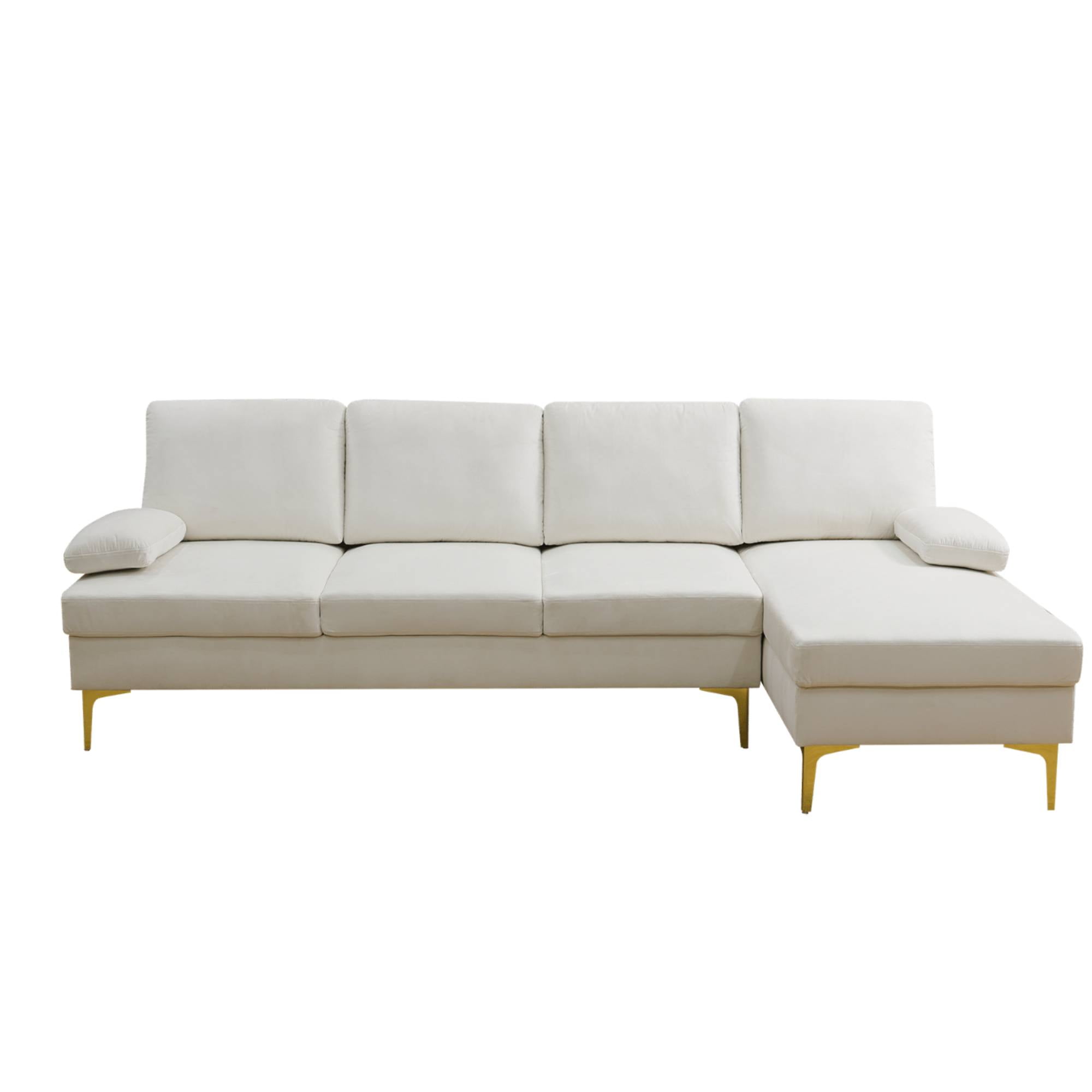 L Shaped Sectional Sofa Couch, 4 Seat Velvet Sofa Set with Right Chaise Lounge for Living Room, Off-White