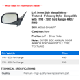 thumbnail image 2 of Left Driver Side Manual Mirror - Textured - Foldaway Style - Compatible with 1998 - 2005 Ford Ranger 4WD / RWD 1999 2000 2001 2002 2003 2004, 2 of 2