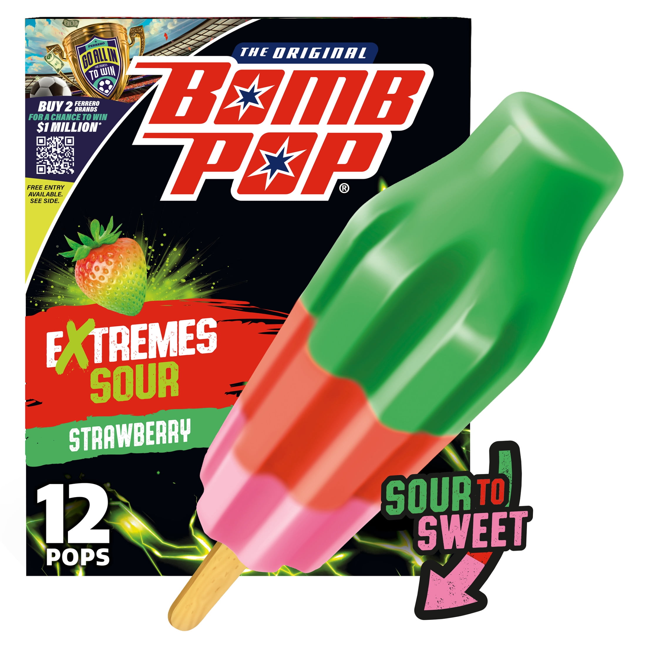 Bomb Pop Extremes Super Sour Strawberry Freeze Ice Pops, Frozen Freezer Dessert, 12 Pack