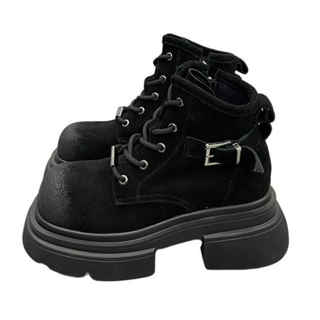 

Winter Chunky Platform Combat Boots Retro Goth Punk Boots Faux Suede Round Toe Lace Up Thick Block Heel Ankle Bootie