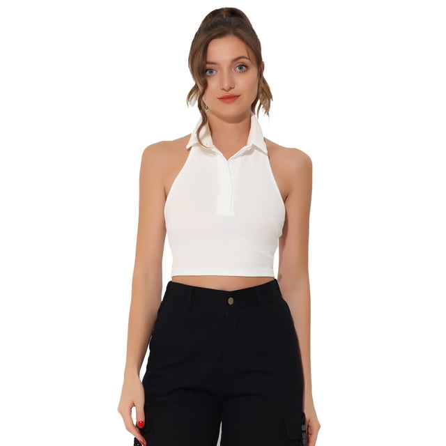 Blusa sin mangas con cuello halter y botones en la parte delantera sin mangas para mujer blanco S