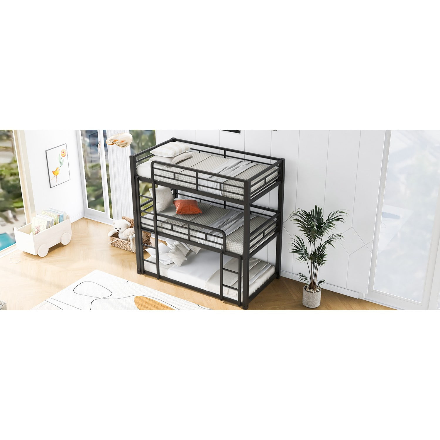 Metal Twin Size Triple Bunk Bed, Black