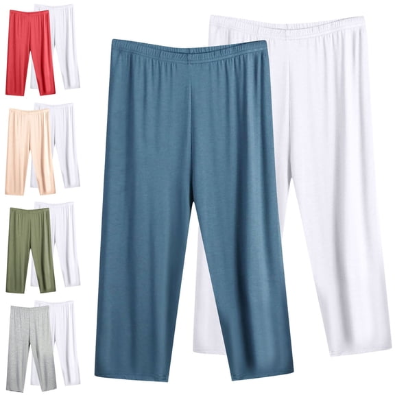 Zysthvn 2 Pack Women's Plus Size Capris Straight Leg Casual Summer Cropped Pants Elastic Waist Pants for Women Lightweight Solid Loose