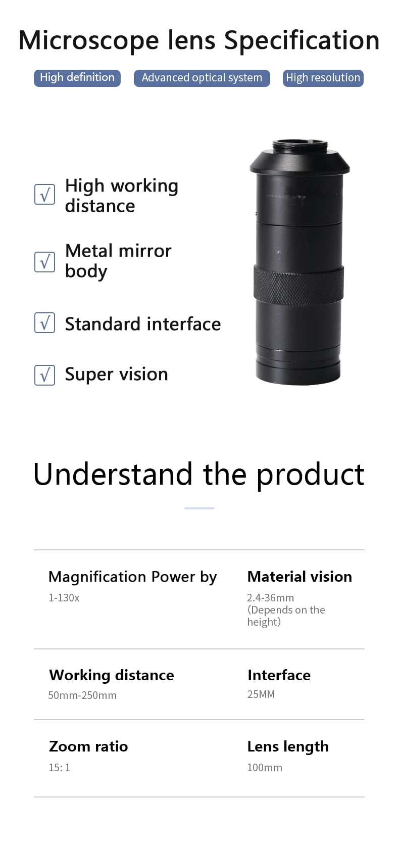 Industry Lens 8X -100X Magnification Adjustable 25mm Zoom C-mount Lens Glass for Industry Microscope Camera Eyepiece Magnifier