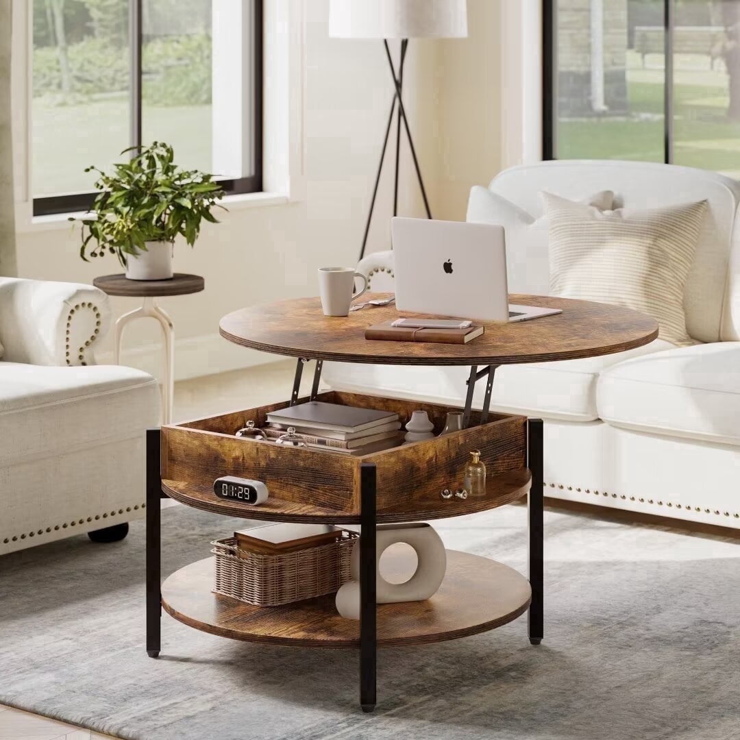 GUNAITO Round Lift Top Small Coffee Table with Storage Modern Farmhouse Center Table with Shelf 2 Tier Circle Table for Living Room Rustic Brown