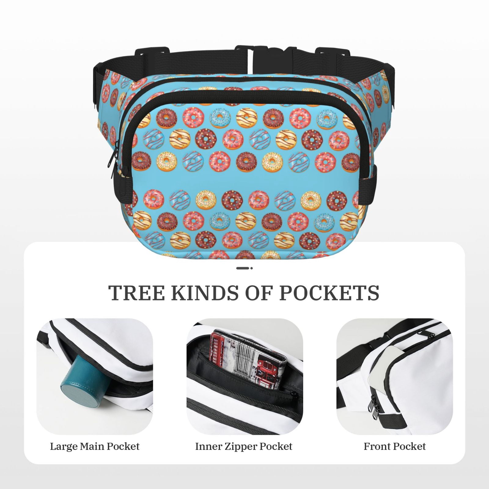 Picia Cute Donut Print Square Double-Layer Waist Bag Mini Adjustable Waist Belt Bag Exercise Running Travel Hiking