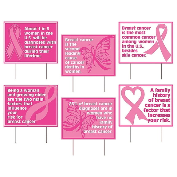 Pink Ribbon Facts Yard Stakes - Party Decor - 6 Pieces