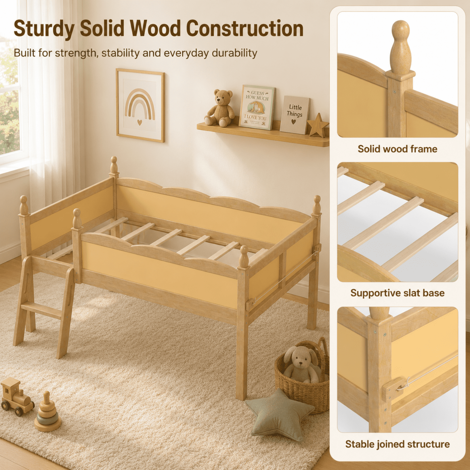 Miniyam Twin Low Loft Bed with Bookshelf and Guardrails, Wood Kids Bed for Bedroom, Natural