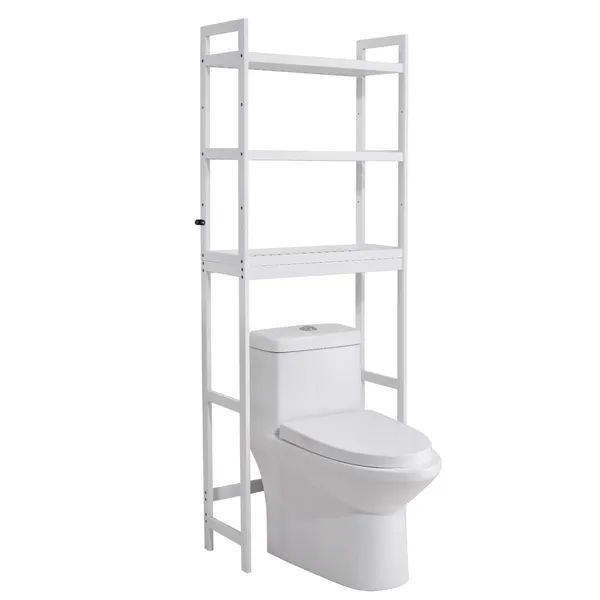 Over the Toilet Storage, 3-Tier Adjustable Over Toilet Bathroom Organizer, Bamboo Storage Shelf Rack with 3 Hooks, Freestanding Easy Assembly Laundry Space Saver, Fit Most Toilets, White