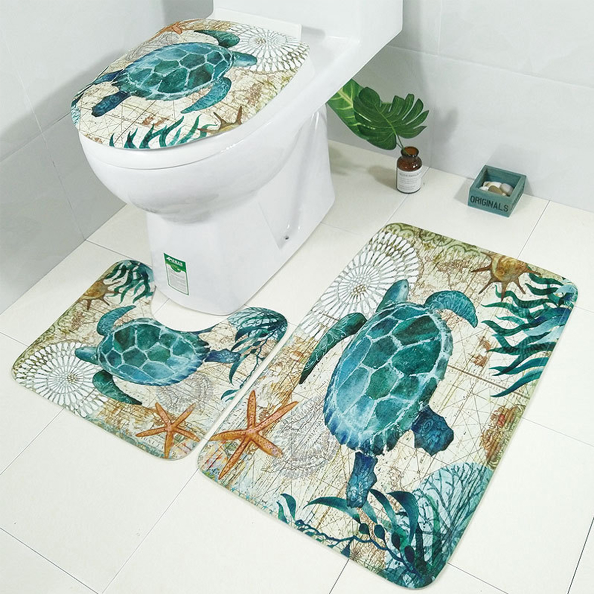 4Pcs Sea Turtles Bath Bathroom Shower Curtain Non Slip Toilet Cover Rugs Mat Set