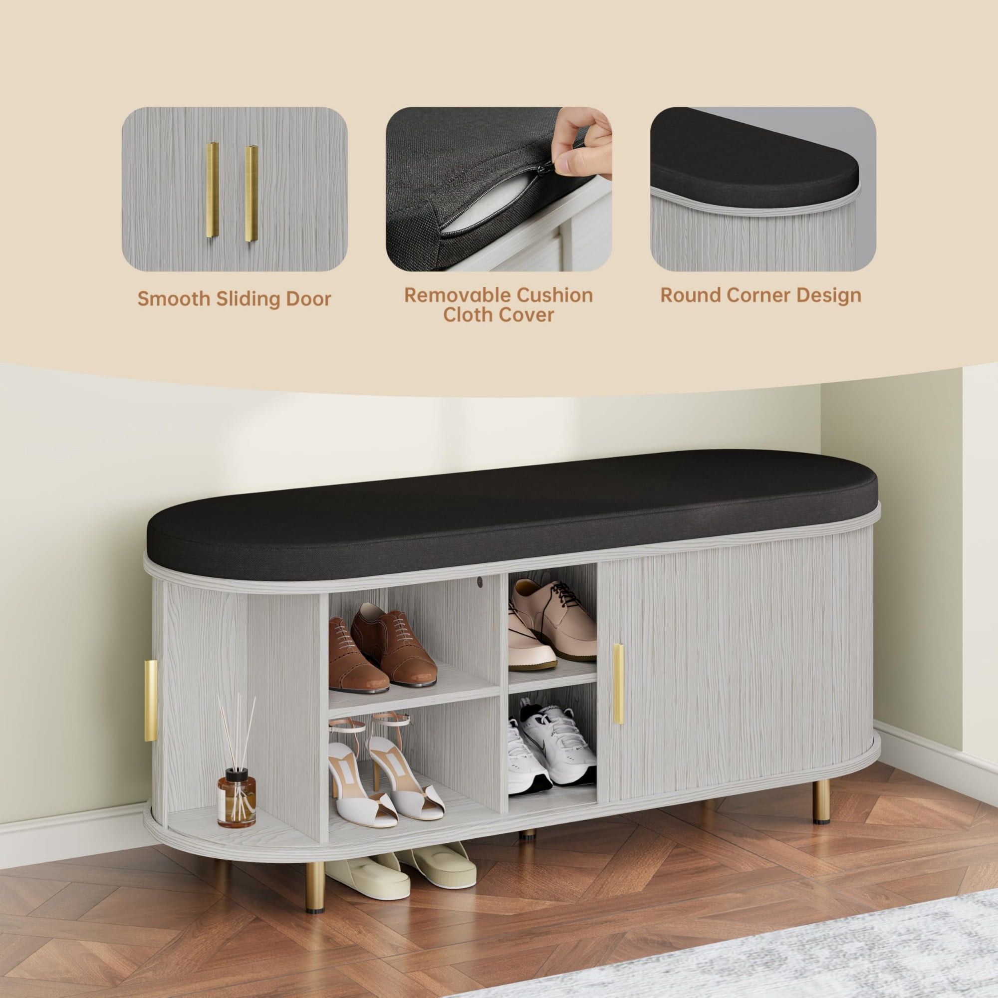 2-Tier Storage Bench with Cushion, 43“ Wide Shoe Bench with Fluted Sliding Door & Adjustable Shelf, Entryway Shoe Rack, White