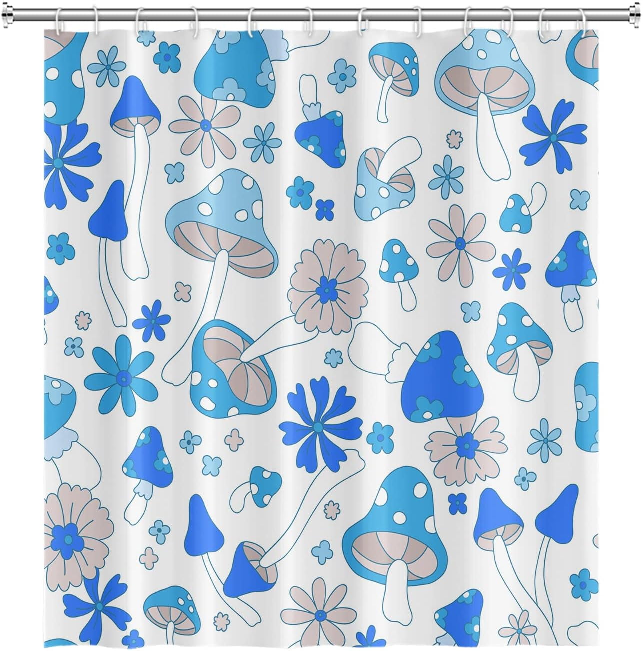Blue Mushrooms Bathroom Shower Curtain Retro 70s 60s Funky Floral Hippie Boho Style Shower Curtain Washable Durable Fabric Home Decorative Shower Curtain with Hooks, 36x72 Inch