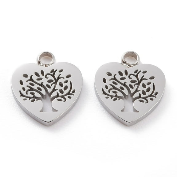 10pc Non-Tarnish 304 Stainless Steel Charms Laser Cut Heart with Tree of Life Stainless Steel Color 12x11x1.5mm Hole: 1.8mm