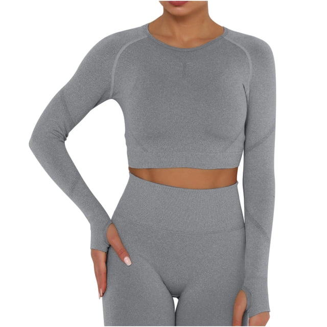 Timegard Womens Workout Tops with Built in Bra Crewneck Long Sleeve Slim Cropped Athletic Yoga Tops