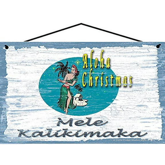 5x8 Vintage Style Sign Aloha Christmas Mele Kalikimaka with Hula Dancer - Hawaii Inspired Holiday Decor for a Hawaiian-Themed Home and Office