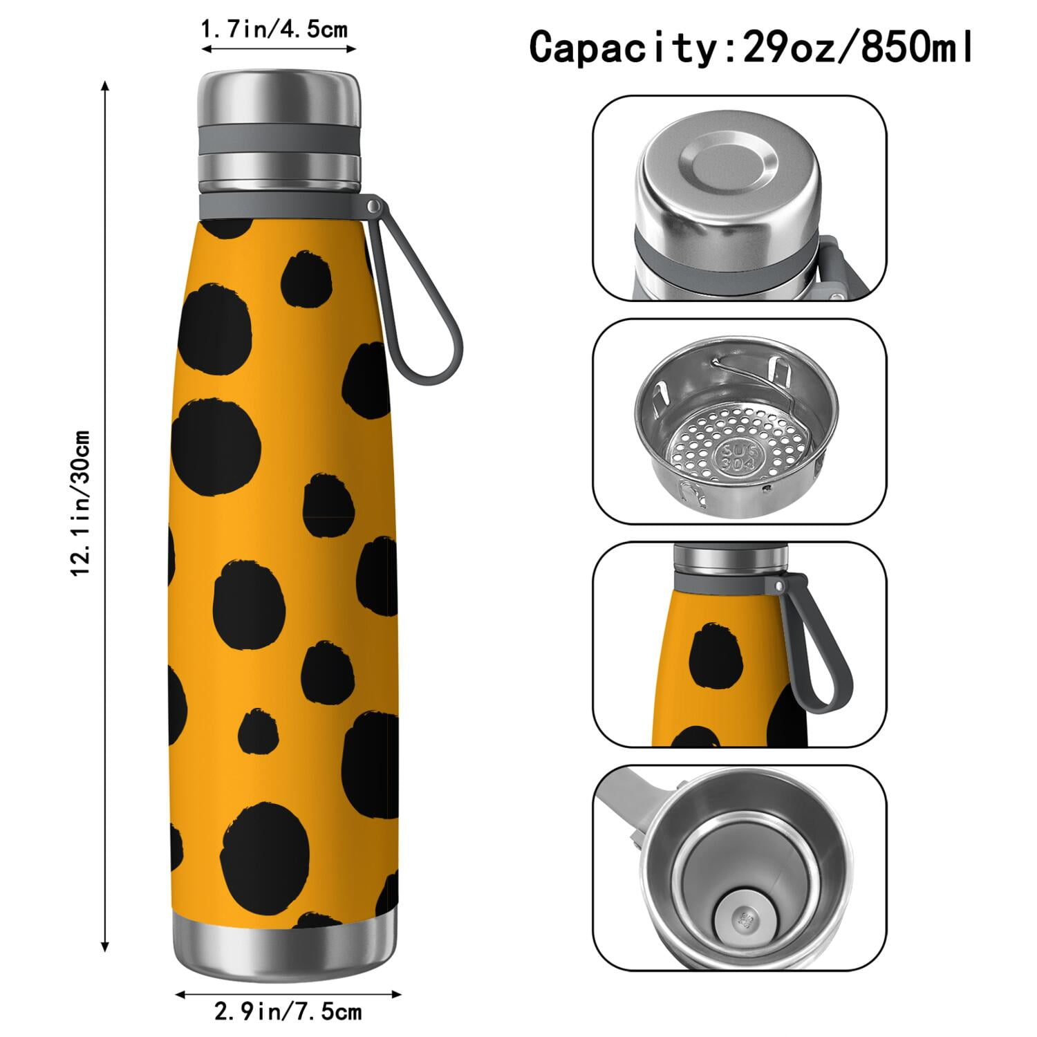 29oz Insulated Water Bottle with Tea Infuser, Stainless Steel Travel Mug, Animal Leopard Print