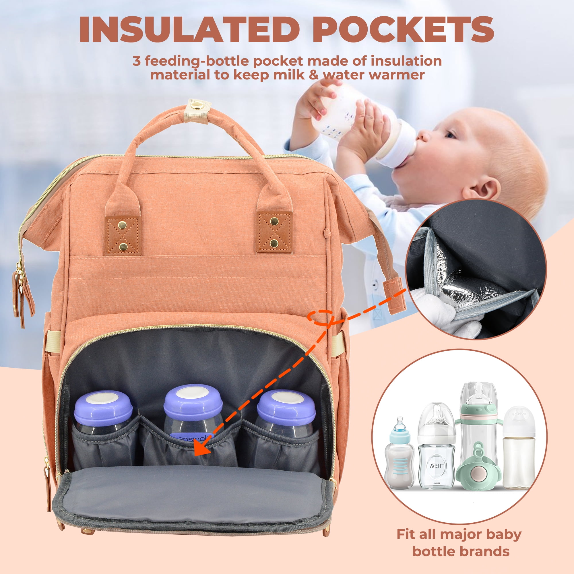 DERSTUEWE Diaper Bag Backpack for Moms – Large Capacity Waterproof Baby Bag with USB Port, Insulated Bottle Pockets & Stroller Straps， Pink