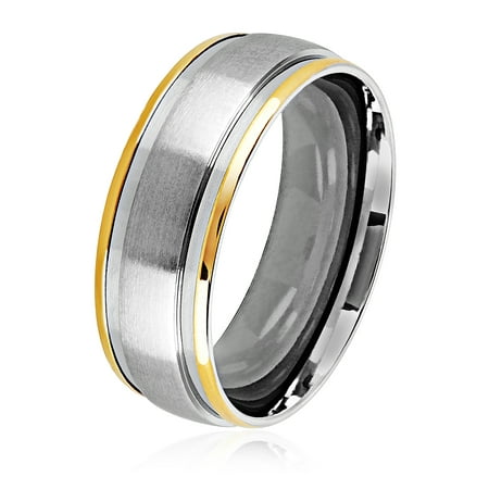Stainless Steel Two Tone Ring - Two Tone Satin Stainless Steel Grooved Comfort Fit Ring (8mm)