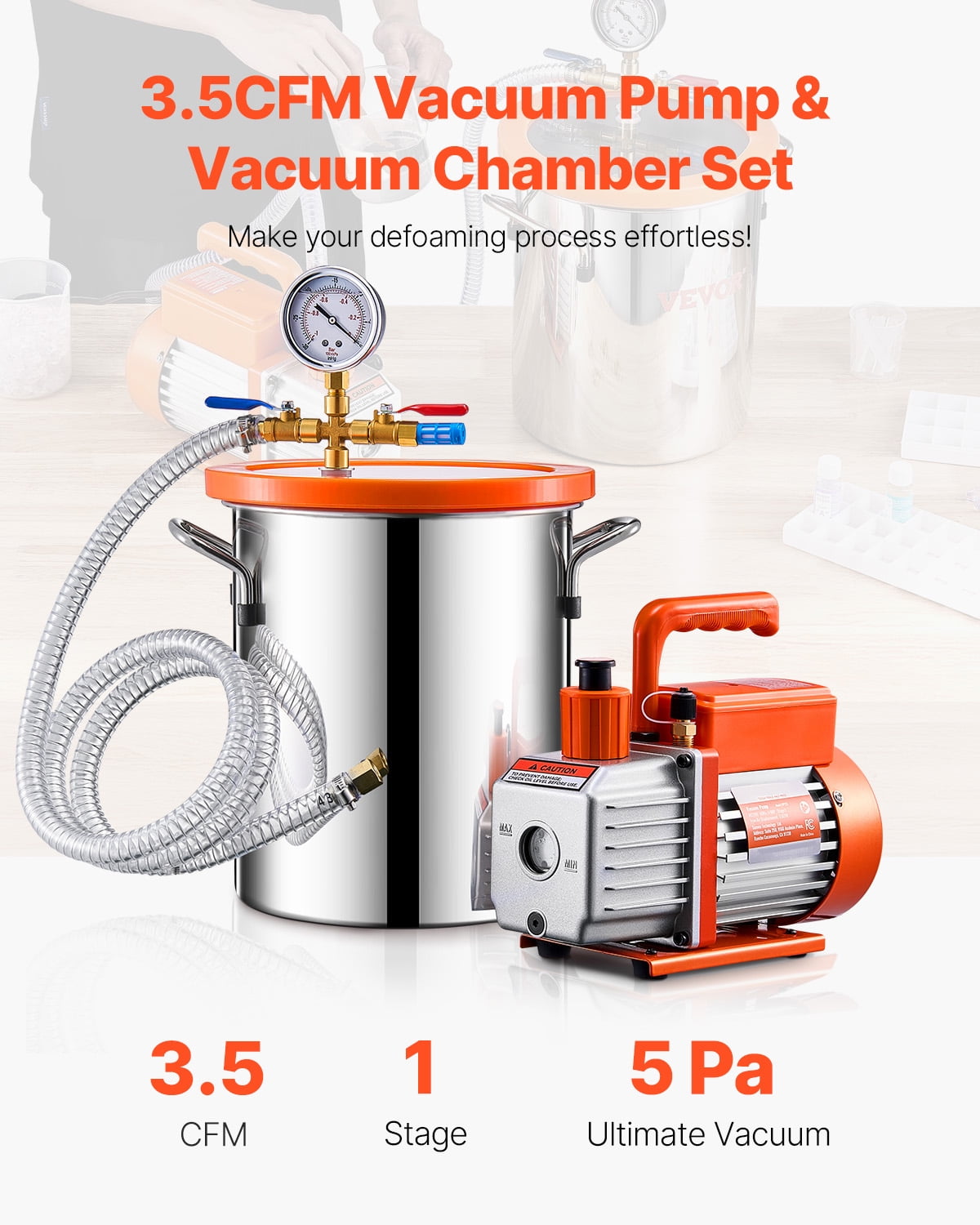 KFFKFF 3 Gallon Vacuum Chamber with 3.5 CFM Pump Kit, Composed of Stainless Steel Chamber, Single Stage Vacuum Pump Degassing Chamber Kit, Accompanied by Acrylic Lid, Oil, 4.92 ft Hose