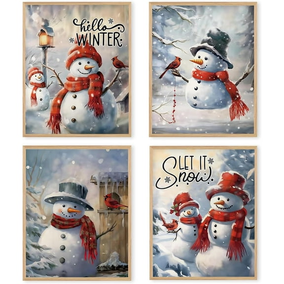 Hieng Red Christmas Winter Unframed Wall Art Prints, Tree Bell Snowflake Posters for Home Bedroom Livingroom Decor Set of 4