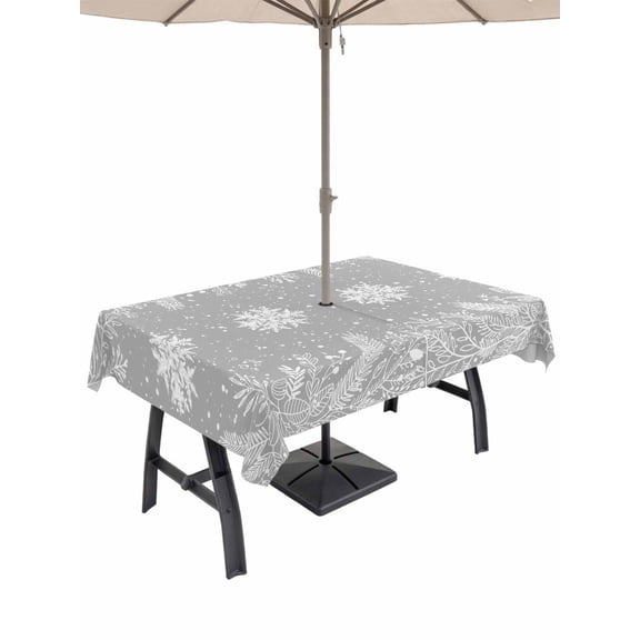 Outdoor Tablecloth with Umbrella Hole and Zipper, Christmas Snowflakes Rectangle Table Cloth 60x120 Inch Waterproof Tablecloth, Winter Xmas Pine Leaf Grey White Picnic Table Cover for Patio Camping