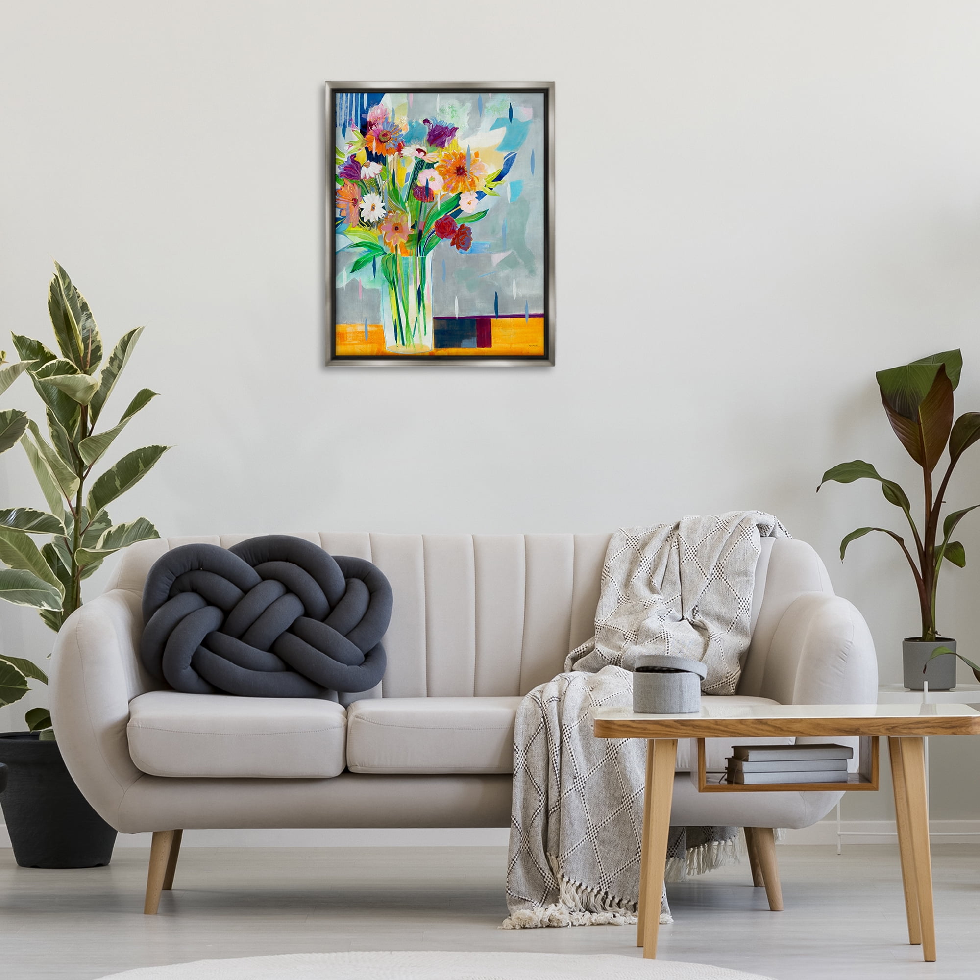 Stupell Industries Florals on Blocked Background Plants & Flowers Painting Gray Floater Framed Canvas Art Print Wall Art, 25 x 31
