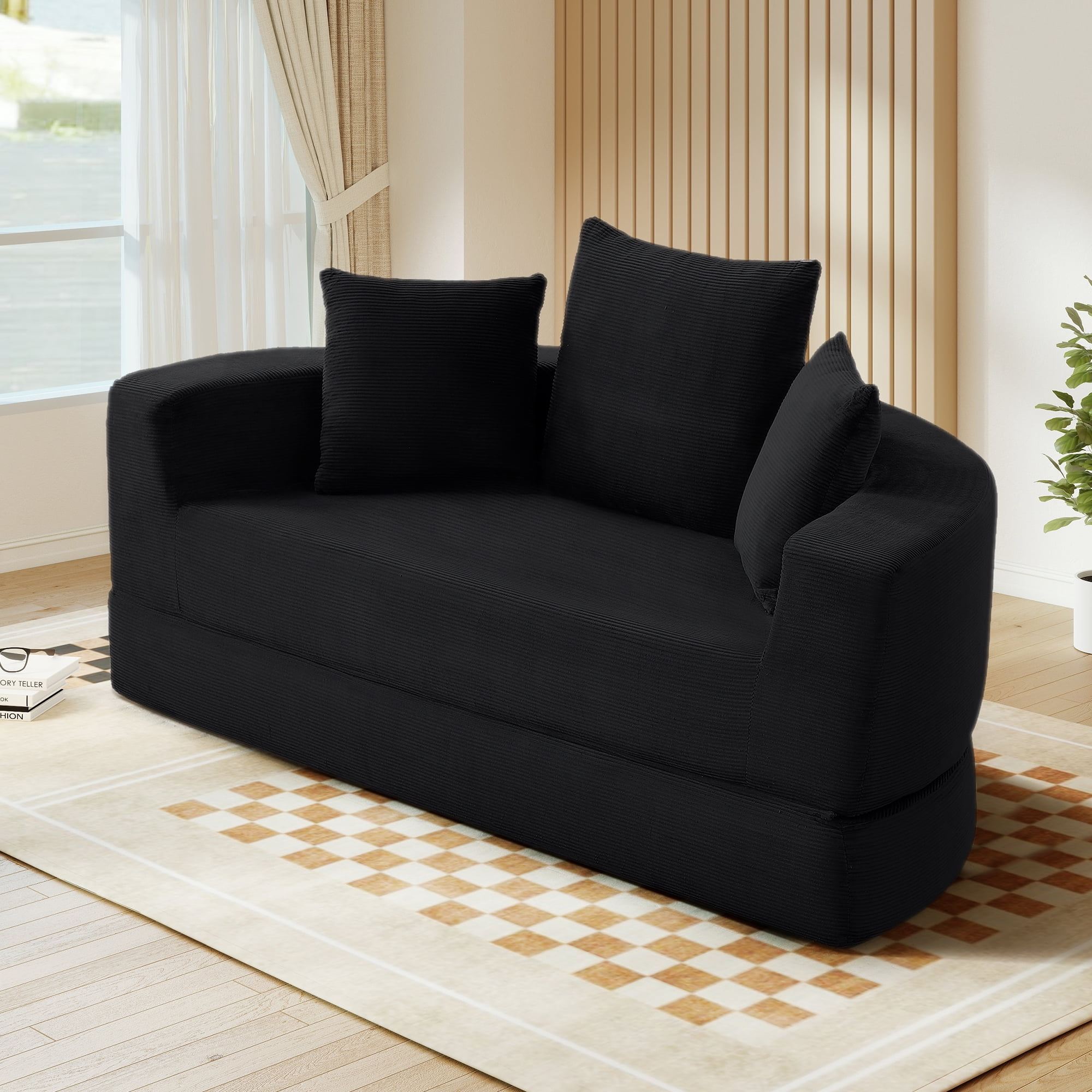 Aukfa 67" Round Convertible Folding Sofa Bed, Corduroy Futon Sleeper Couch with Pillows for Small Spaces and Living Rooms, Black