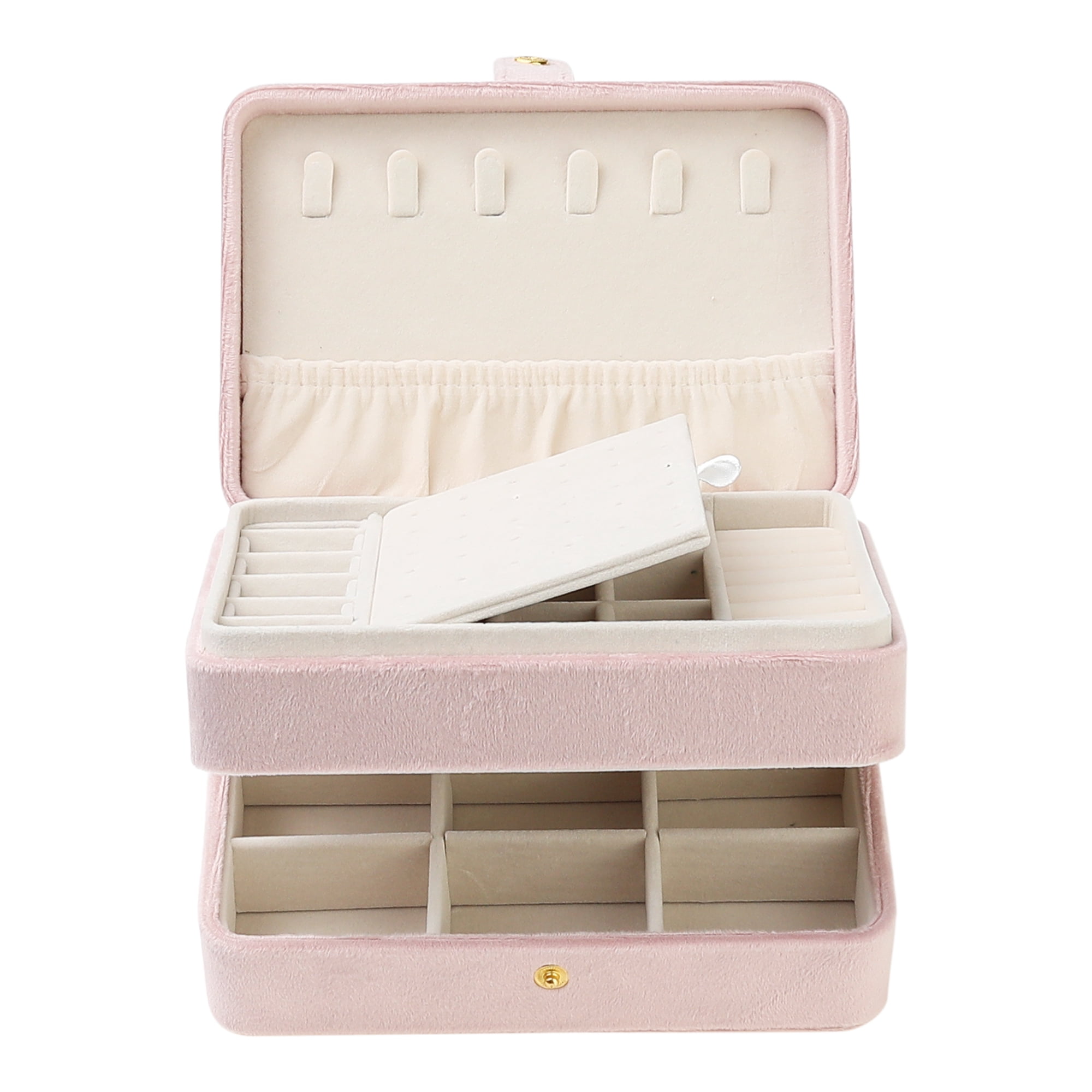 Unique Bargains 2 Layer Jewelry Box Plush Velvet Jewelry Organizer Case Storage Travel Pink