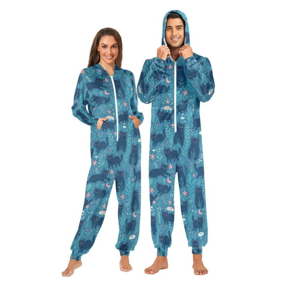 FORMRS Onesies Pajama for Adults Unisex Hoodie Winter Jumpsuit One Piece Sleepwear, Sizes S-2XL, Blue Forest Cat Pattern