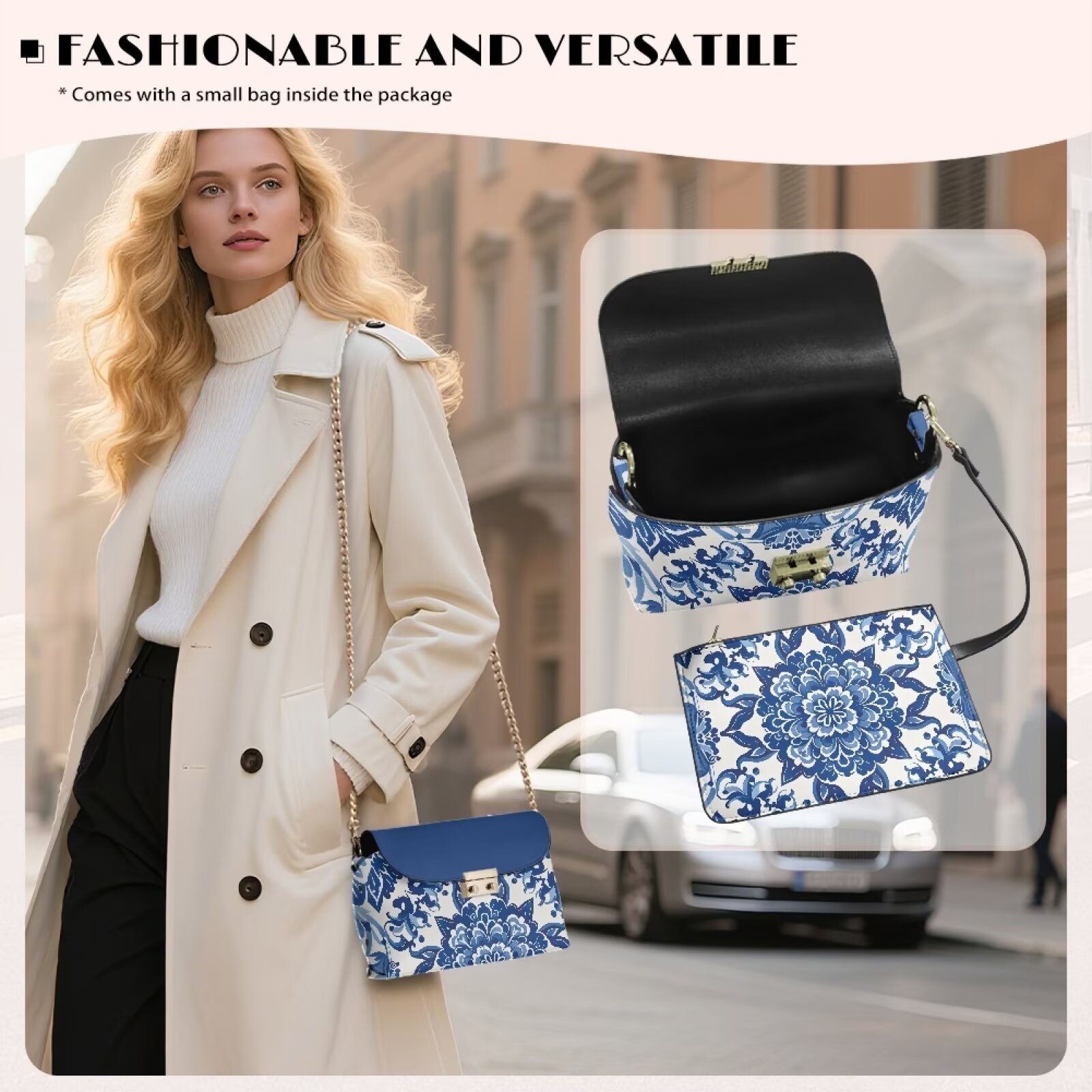 Pzuqiu Blue Mandala Leather Crossbody Bags for Women Trendy Soft Leather Quilted Shoulder Bag with Chain Strap Exquisite Practical Quilted Crossbody Purse for Women