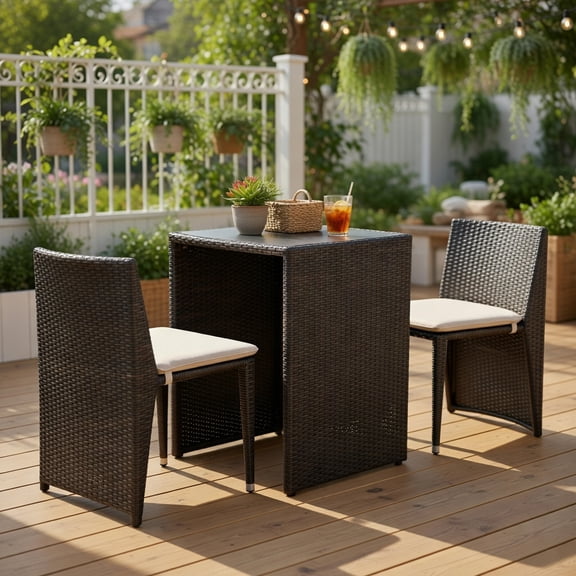 Kadyn 3-Piece Cushioned PE Rattan Bistro Set – No Assembly Needed, Brown Wicker & White Cushions for Patio, Porch, Poolside or Garden