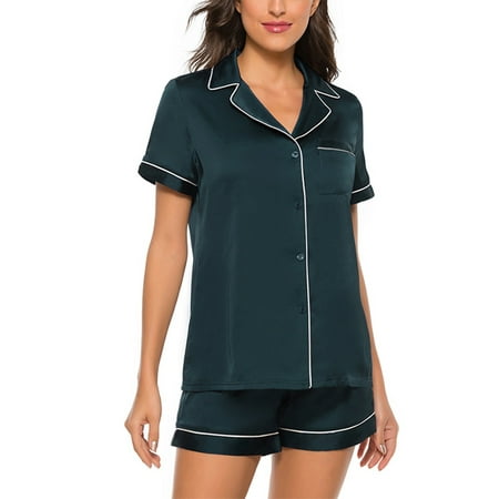 

Capreze Women Pajamas Set Button Down Lounge Sets Lapel Sleepwear Straight Leg 2 Piece Outfits Short Sleeve Nightwear Blackish Green XL