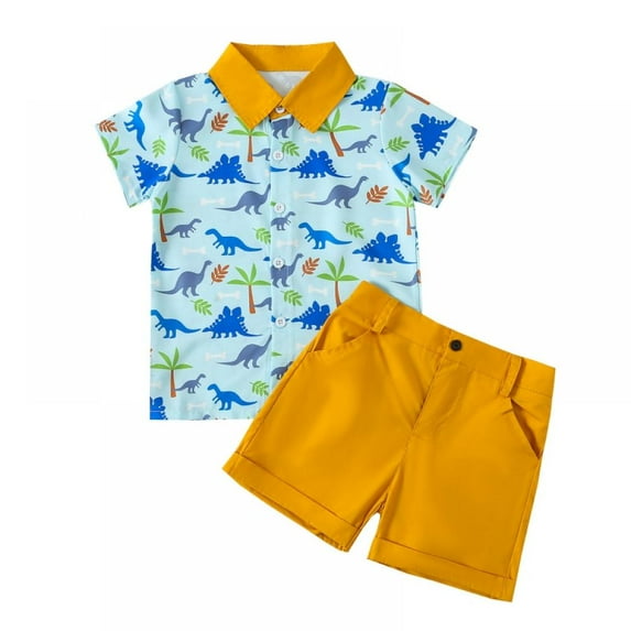 URMAGIC Toddler Baby Boy Dinosaur Short Sleeve Button Down Shirt & Casual Shorts Set Summer Outfits 1-6T